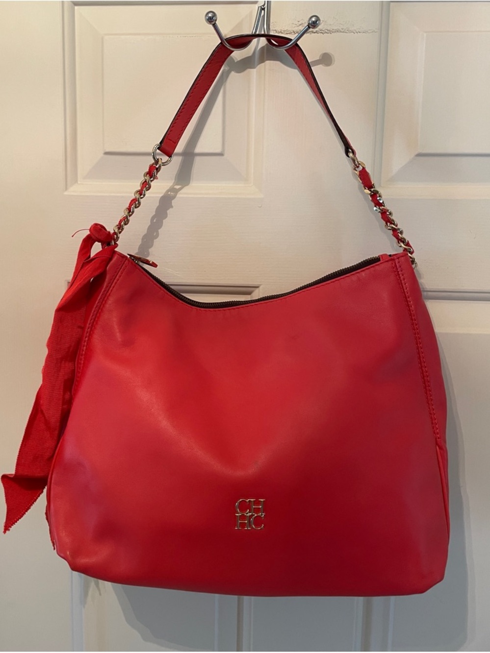 Carolina Herrera Bright Red Leather Hobo with Chain Strap